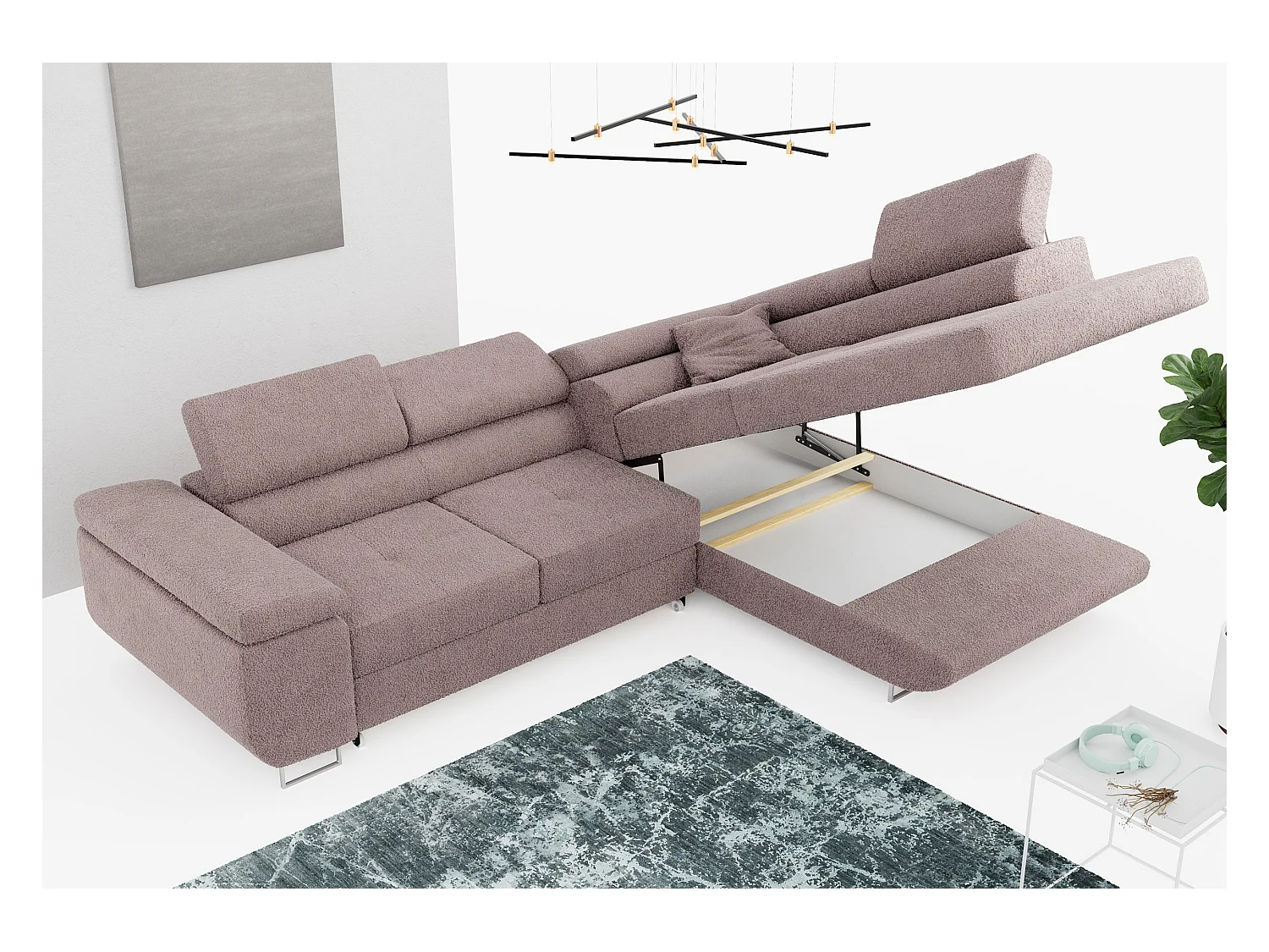 Ecksofa GUSTAW - mit Schlaffunktion, verstellbare Kopfstützen, Metallbeine - Rose Boucle - Ecke Rechts