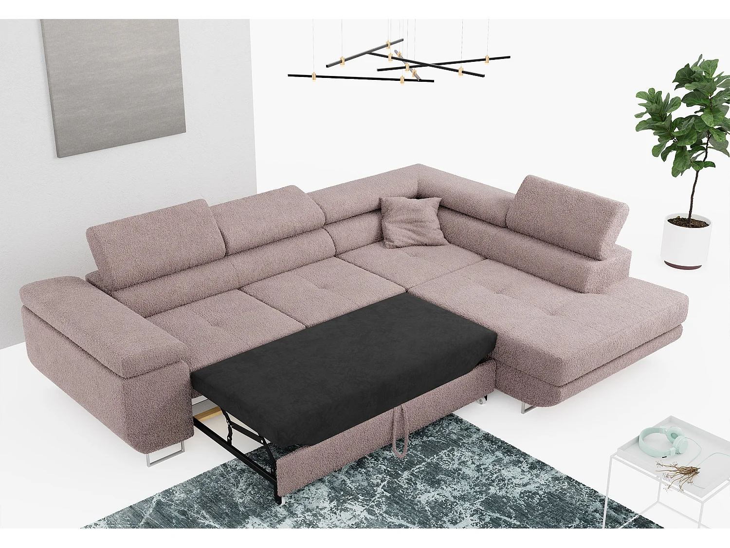 Ecksofa GUSTAW - mit Schlaffunktion, verstellbare Kopfstützen, Metallbeine - Rose Boucle - Ecke Rechts