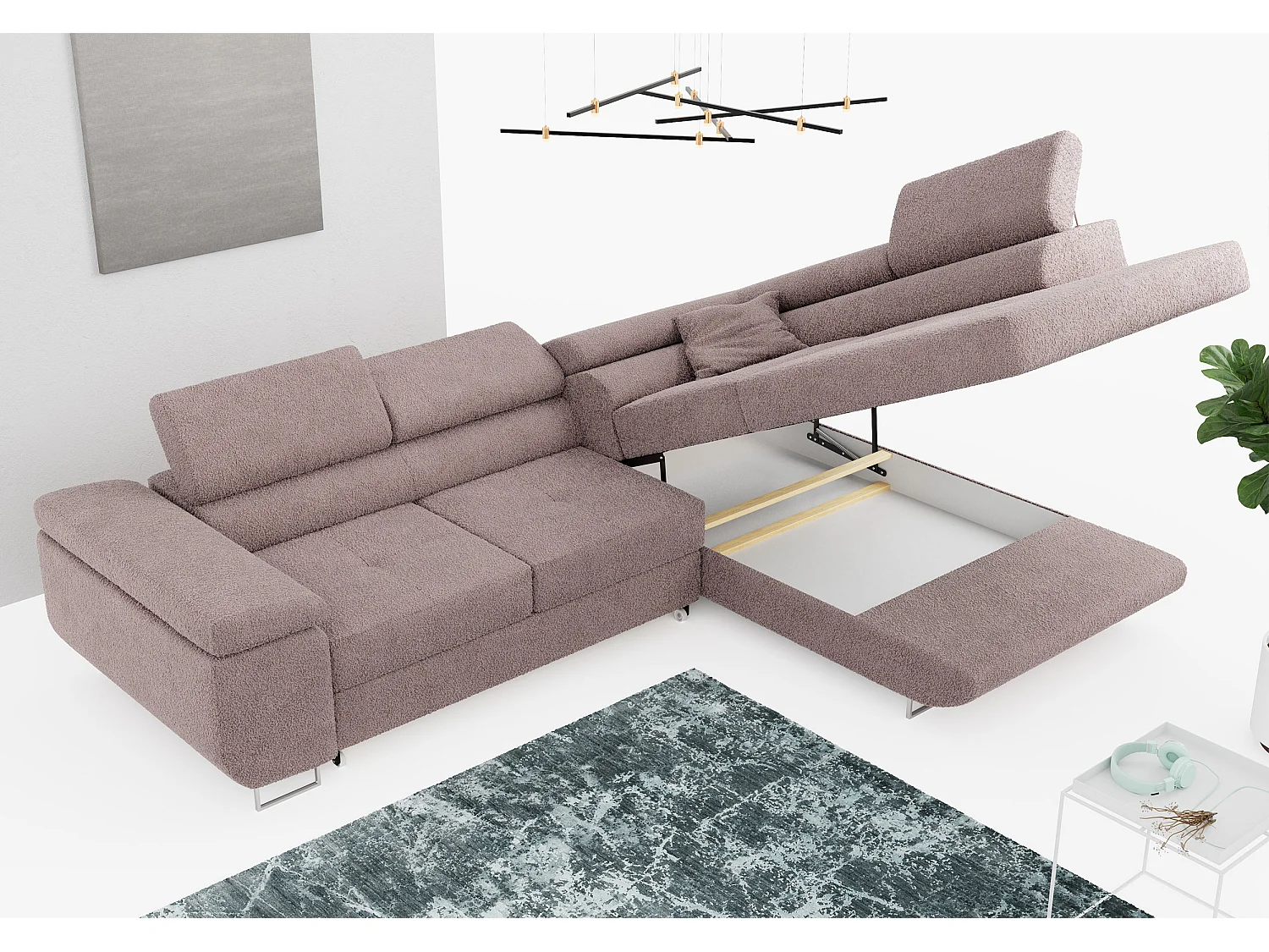 Ecksofa GUSTAW - mit Schlaffunktion, verstellbare Kopfstützen, Metallbeine - Rose Boucle - Ecke Rechts