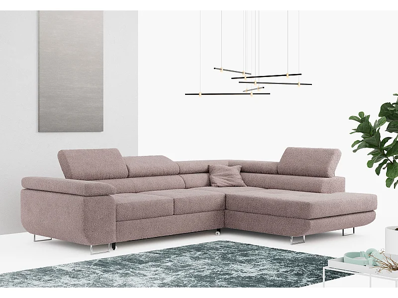 Ecksofa GUSTAW - mit Schlaffunktion, verstellbare Kopfstützen, Metallbeine - Rose Boucle - Ecke Rechts