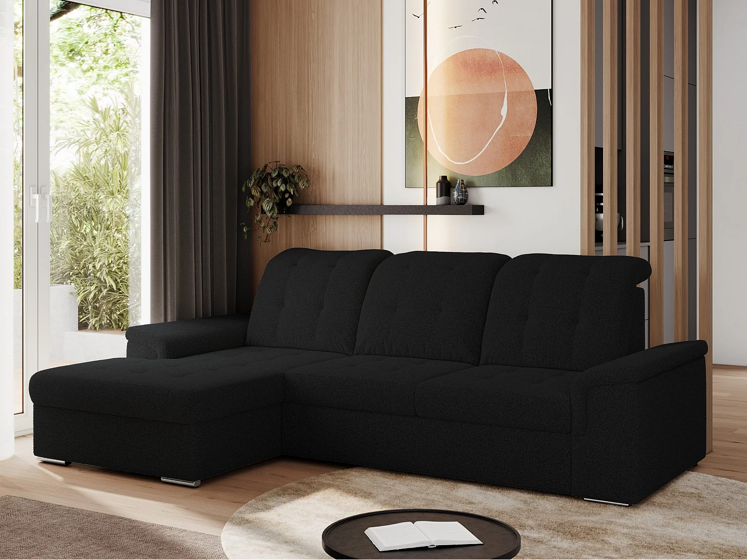 Ecksofa MADRITO - mit verstellbarer Rückenlehne, Armlehnen, gestepptem Sitz und Rückenlehne, Schlaffunktion - Schwarz Boucle - Ecke Links