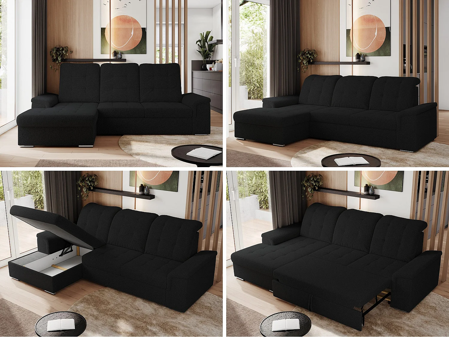 Ecksofa MADRITO - mit verstellbarer Rückenlehne, Armlehnen, gestepptem Sitz und Rückenlehne, Schlaffunktion - Schwarz Boucle - Ecke Links