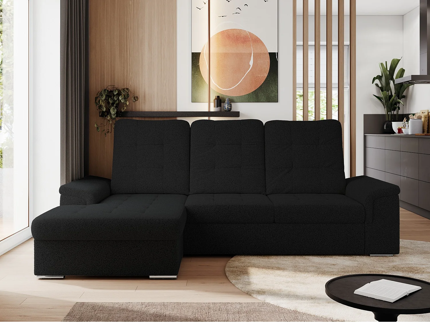 Ecksofa MADRITO - mit verstellbarer Rückenlehne, Armlehnen, gestepptem Sitz und Rückenlehne, Schlaffunktion - Schwarz Boucle - Ecke Links