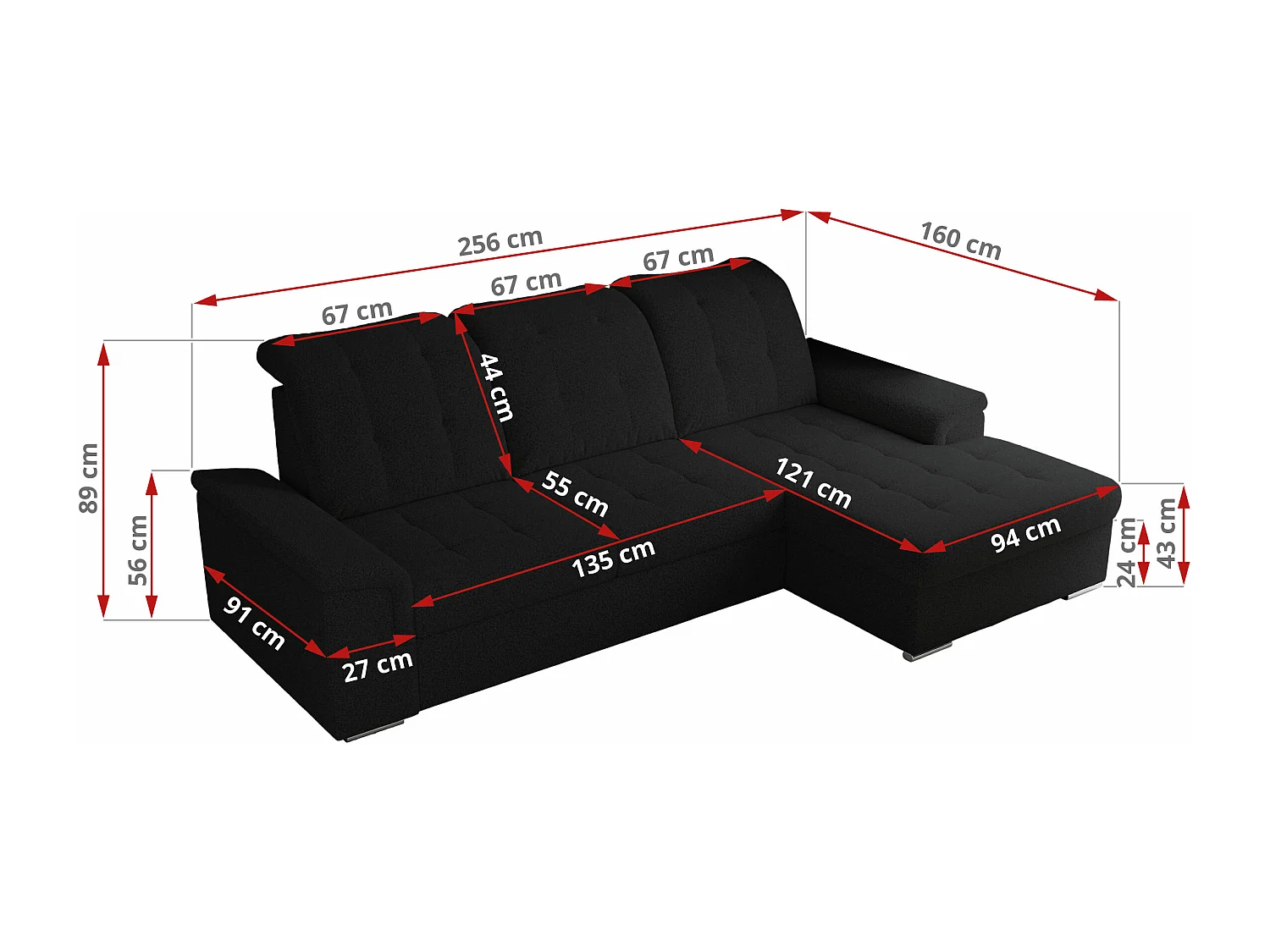 Ecksofa MADRITO - mit verstellbarer Rückenlehne, Armlehnen, gestepptem Sitz und Rückenlehne, Schlaffunktion - Schwarz Boucle - Ecke Links