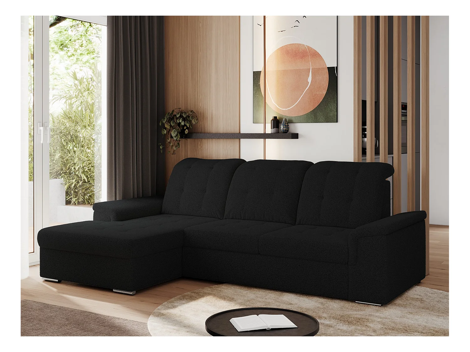 Ecksofa MADRITO - mit verstellbarer Rückenlehne, Armlehnen, gestepptem Sitz und Rückenlehne, Schlaffunktion - Schwarz Boucle - Ecke Links