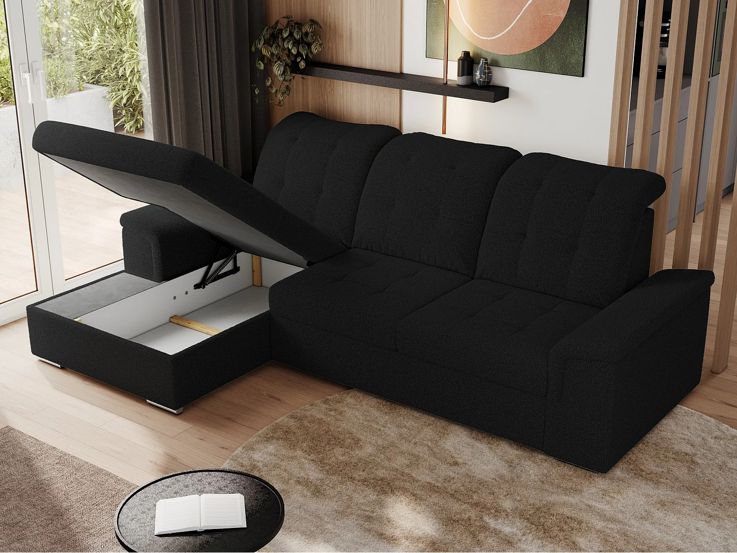 Ecksofa MADRITO - mit verstellbarer Rückenlehne, Armlehnen, gestepptem Sitz und Rückenlehne, Schlaffunktion - Schwarz Boucle - Ecke Links