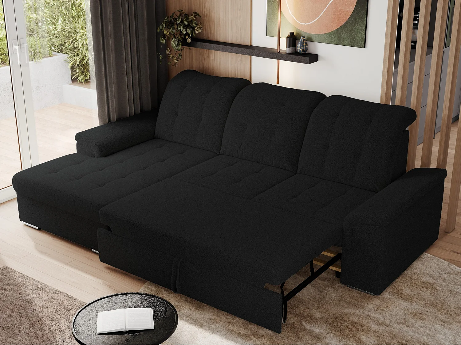 Ecksofa MADRITO - mit verstellbarer Rückenlehne, Armlehnen, gestepptem Sitz und Rückenlehne, Schlaffunktion - Schwarz Boucle - Ecke Links