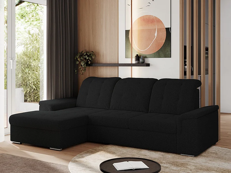 Ecksofa MADRITO - mit verstellbarer Rückenlehne, Armlehnen, gestepptem Sitz und Rückenlehne, Schlaffunktion - Schwarz Boucle - Ecke Links