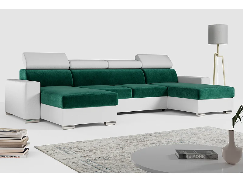Ecksofa FOX U - verstellbare Kopfstützen, zwei Bettkästen, L-förmige Ecke mit Schlaffunktion, Armlehnen - Dunkelgrün, Weiß - Velvet, Kunstleder