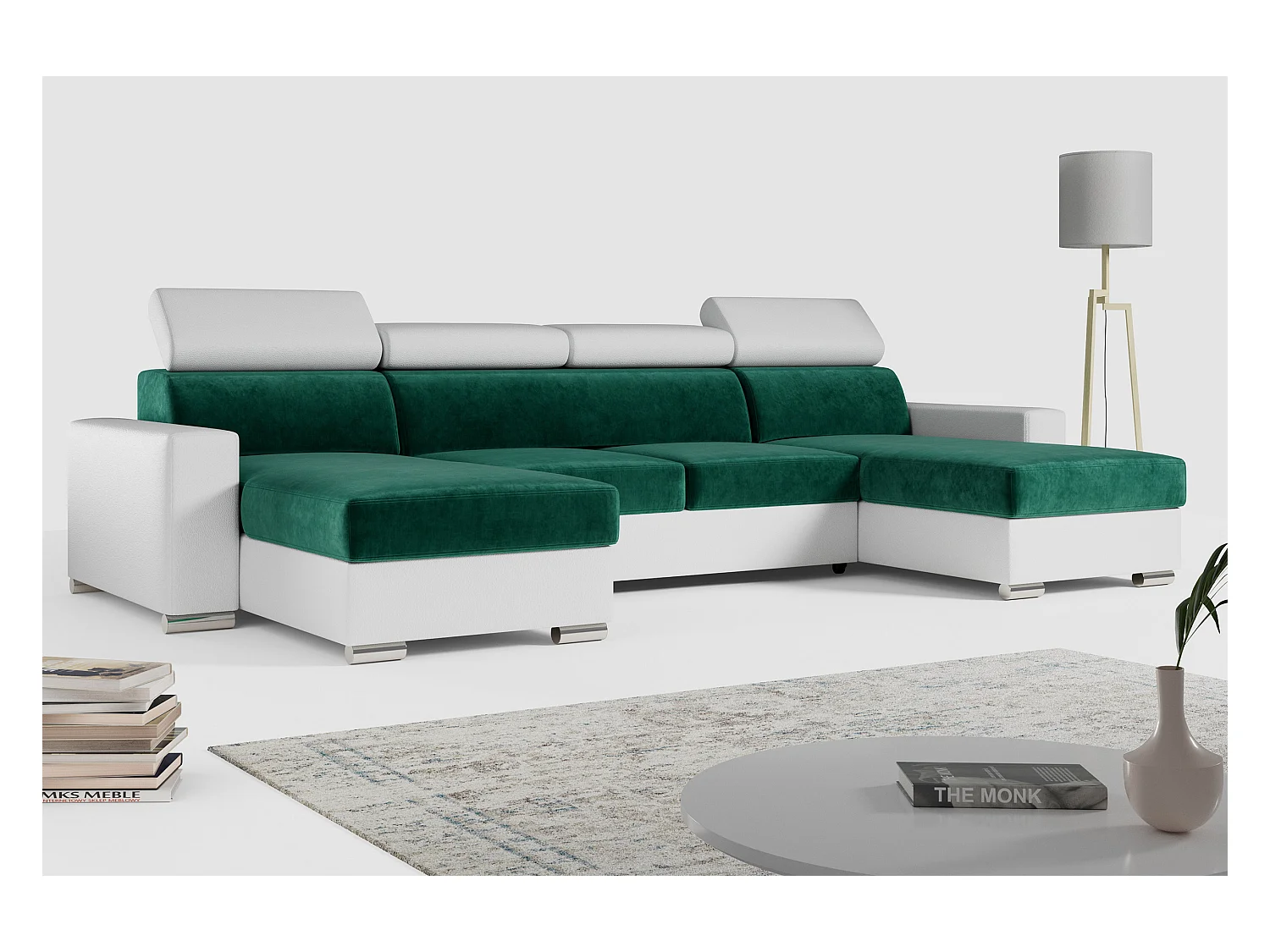 Ecksofa FOX U - verstellbare Kopfstützen, zwei Bettkästen, L-förmige Ecke mit Schlaffunktion, Armlehnen - Dunkelgrün, Weiß - Velvet, Kunstleder