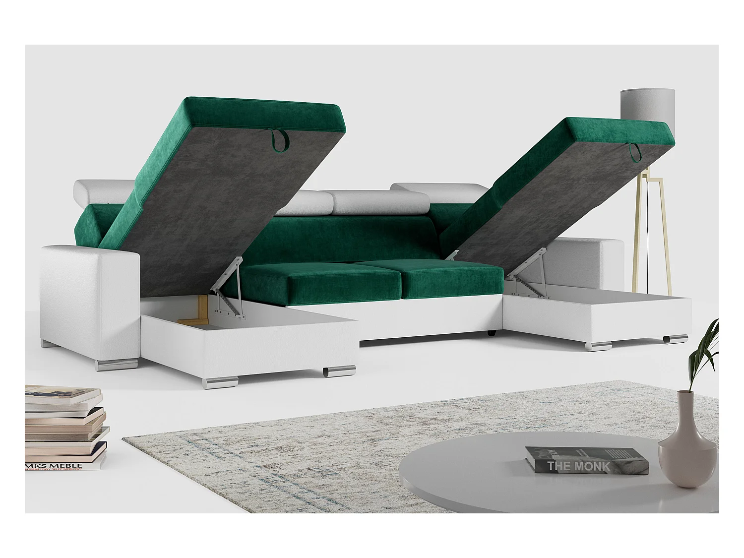 Ecksofa FOX U - verstellbare Kopfstützen, zwei Bettkästen, L-förmige Ecke mit Schlaffunktion, Armlehnen - Dunkelgrün, Weiß - Velvet, Kunstleder