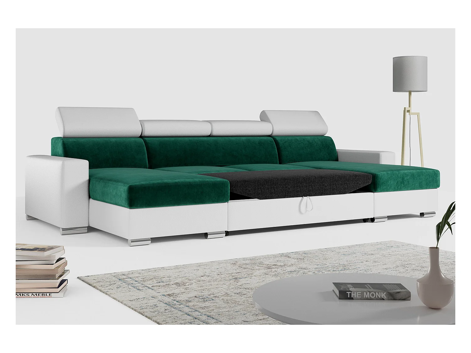 Ecksofa FOX U - verstellbare Kopfstützen, zwei Bettkästen, L-förmige Ecke mit Schlaffunktion, Armlehnen - Dunkelgrün, Weiß - Velvet, Kunstleder