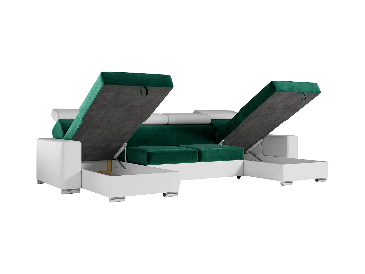 Ecksofa FOX U - verstellbare Kopfstützen, zwei Bettkästen, L-förmige Ecke mit Schlaffunktion, Armlehnen - Dunkelgrün, Weiß - Velvet, Kunstleder