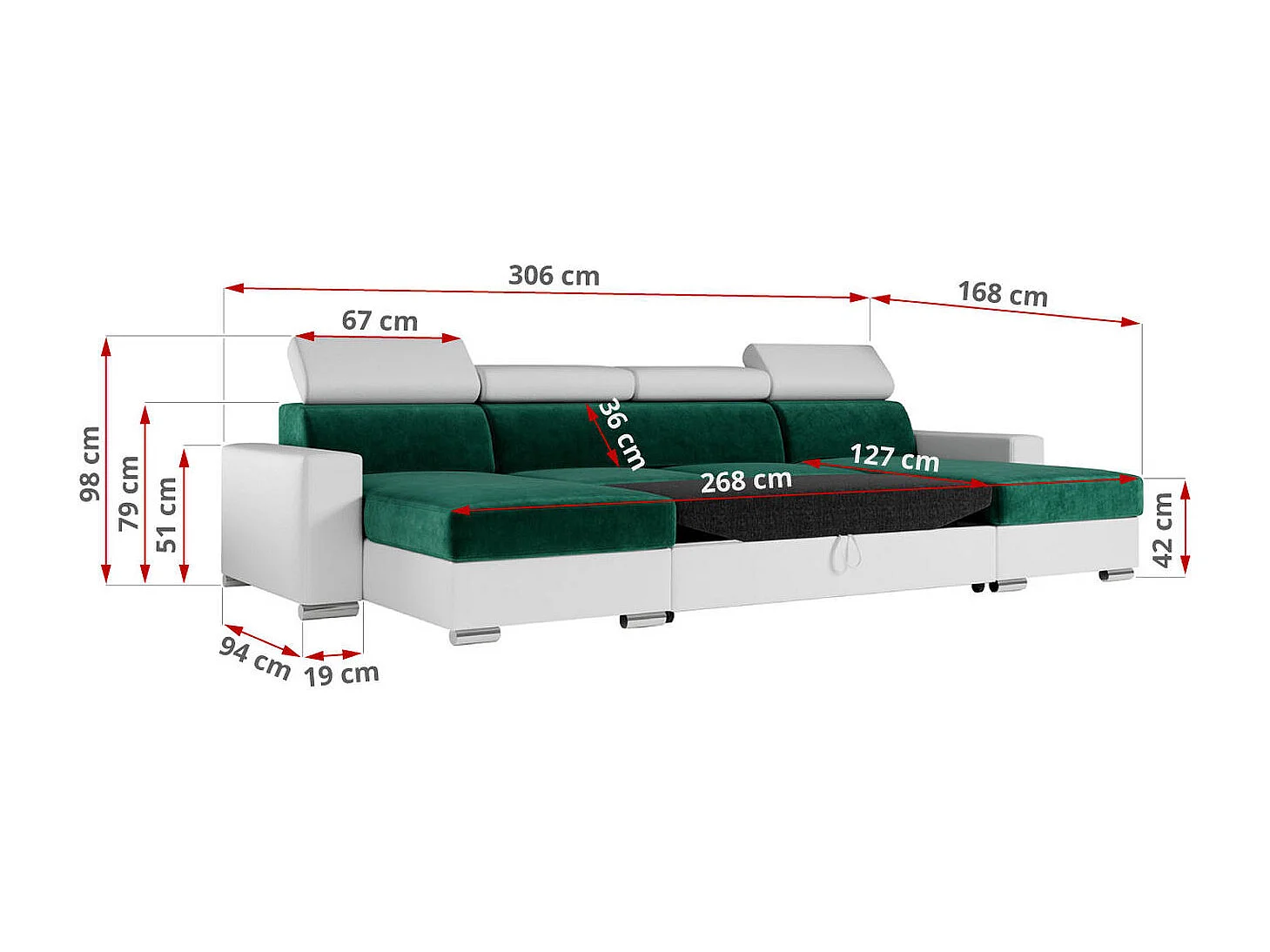 Ecksofa FOX U - verstellbare Kopfstützen, zwei Bettkästen, L-förmige Ecke mit Schlaffunktion, Armlehnen - Dunkelgrün, Weiß - Velvet, Kunstleder