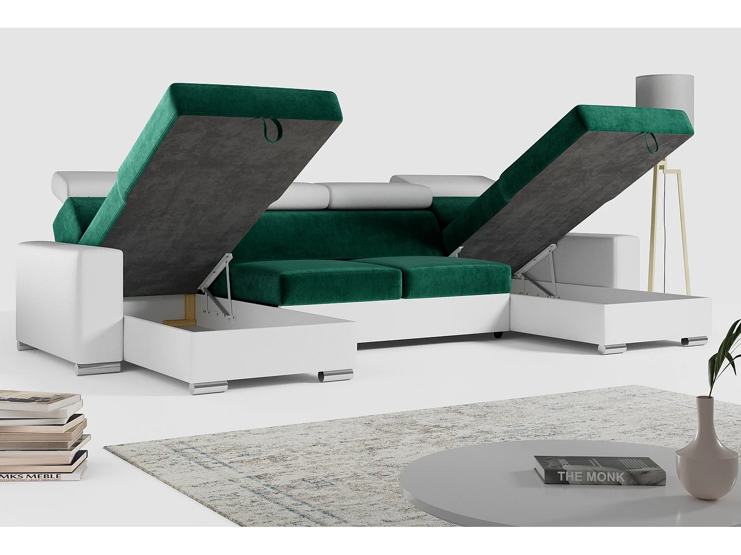 Ecksofa FOX U - verstellbare Kopfstützen, zwei Bettkästen, L-förmige Ecke mit Schlaffunktion, Armlehnen - Dunkelgrün, Weiß - Velvet, Kunstleder