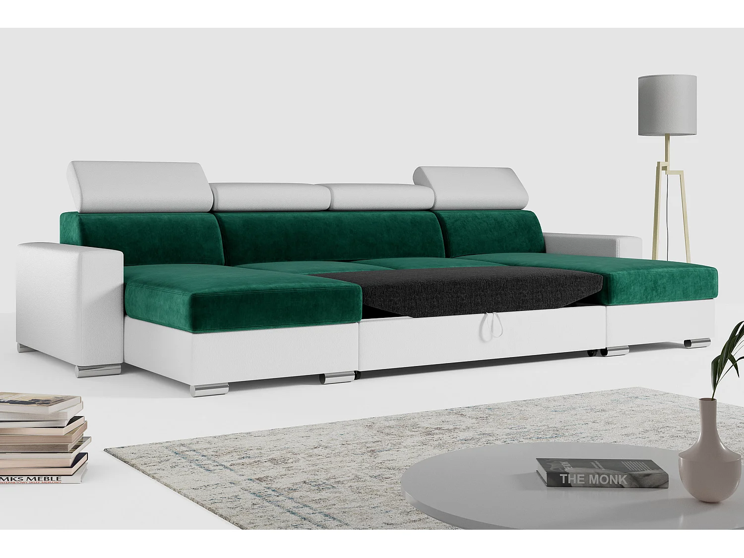 Ecksofa FOX U - verstellbare Kopfstützen, zwei Bettkästen, L-förmige Ecke mit Schlaffunktion, Armlehnen - Dunkelgrün, Weiß - Velvet, Kunstleder