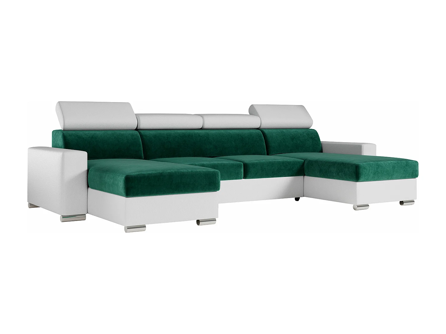 Ecksofa FOX U - verstellbare Kopfstützen, zwei Bettkästen, L-förmige Ecke mit Schlaffunktion, Armlehnen - Dunkelgrün, Weiß - Velvet, Kunstleder