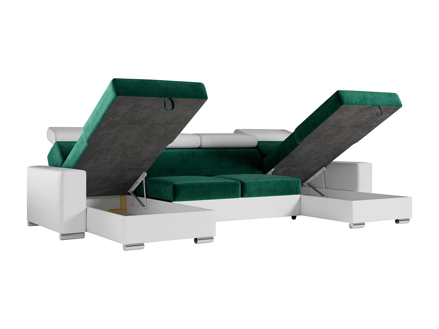 Ecksofa FOX U - verstellbare Kopfstützen, zwei Bettkästen, L-förmige Ecke mit Schlaffunktion, Armlehnen - Dunkelgrün, Weiß - Velvet, Kunstleder