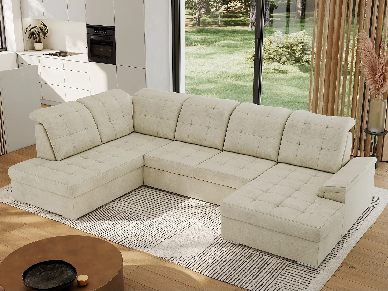 Ecksofa MADRITO U - mit verstellbarer Rückenlehne, Armlehne, L-förmige Ecke, Bettkasten - Beige Velvet - Ecke Links