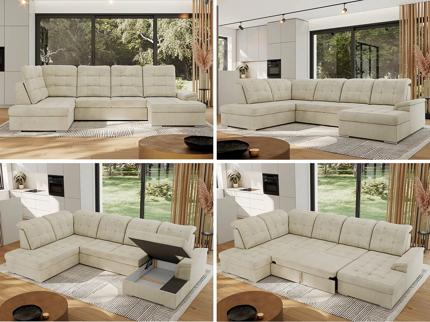 Ecksofa MADRITO U - mit verstellbarer Rückenlehne, Armlehne, L-förmige Ecke, Bettkasten - Beige Velvet - Ecke Links