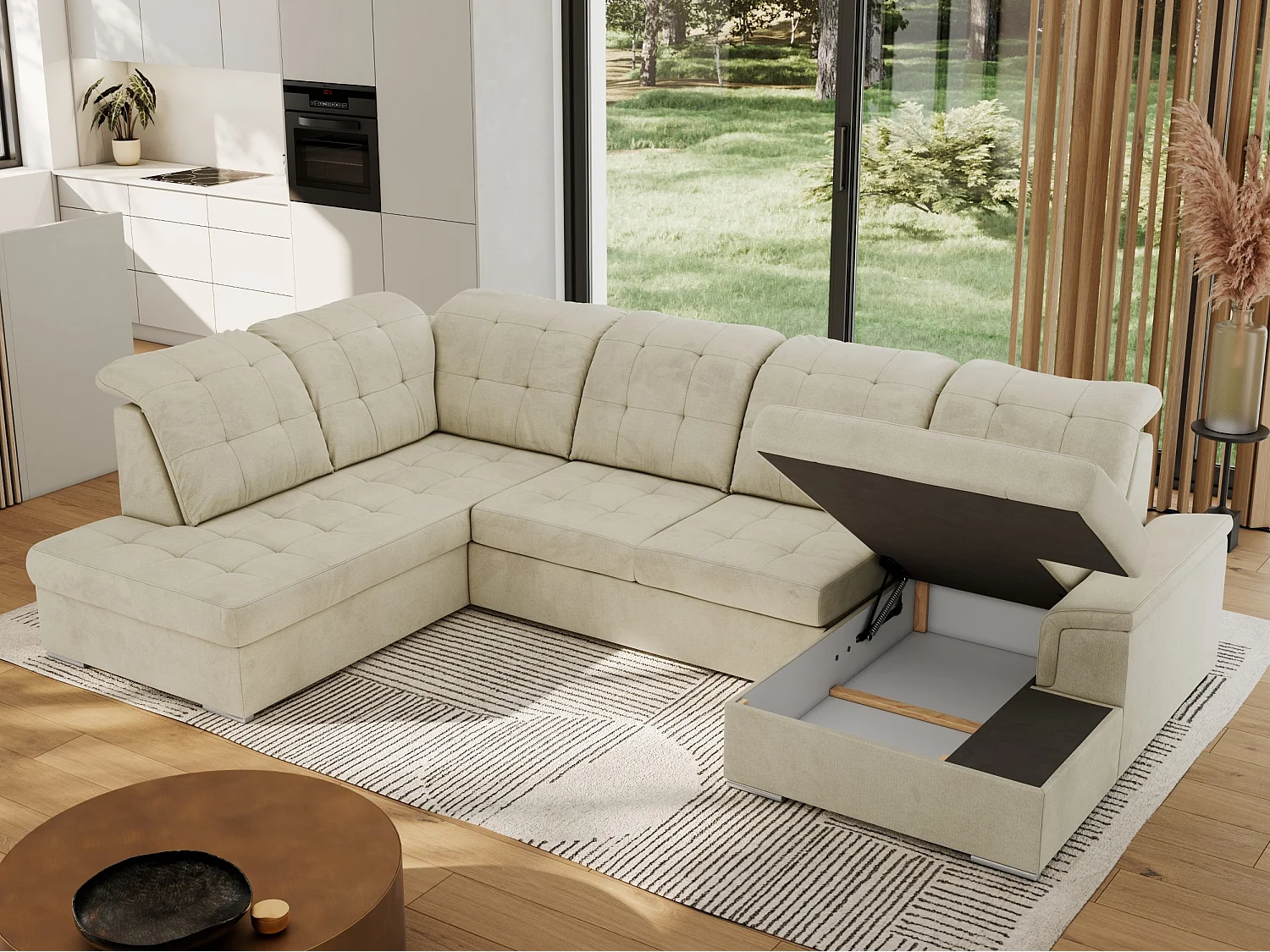 Ecksofa MADRITO U - mit verstellbarer Rückenlehne, Armlehne, L-förmige Ecke, Bettkasten - Beige Velvet - Ecke Links