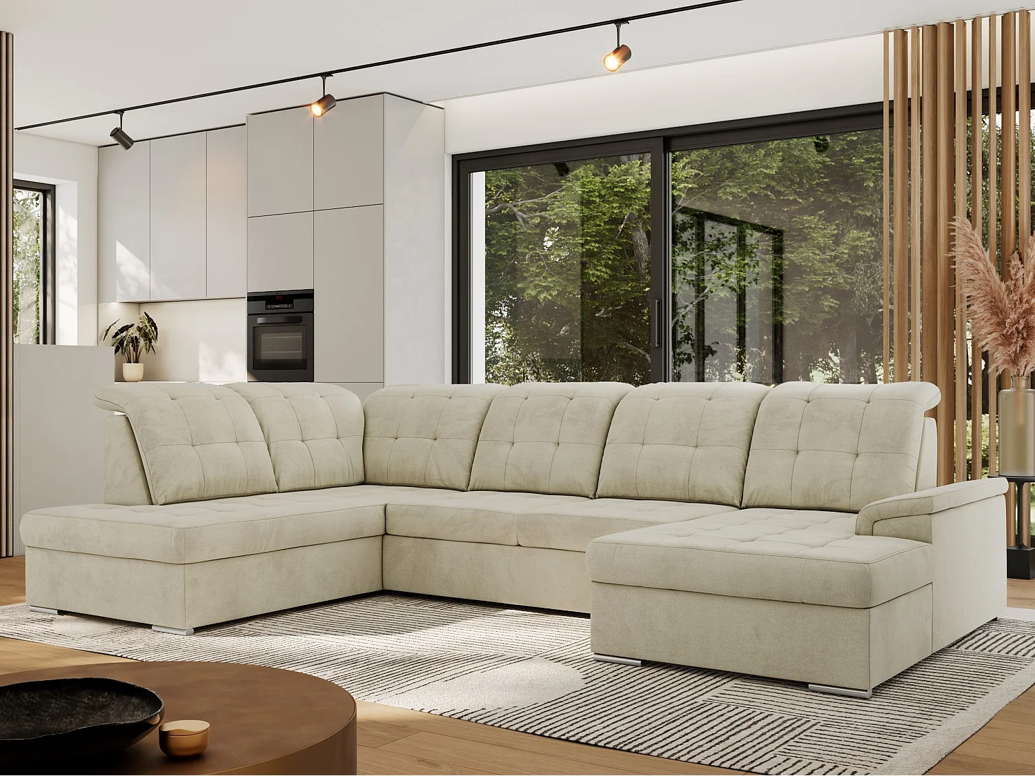 Ecksofa MADRITO U - mit verstellbarer Rückenlehne, Armlehne, L-förmige Ecke, Bettkasten - Beige Velvet - Ecke Links