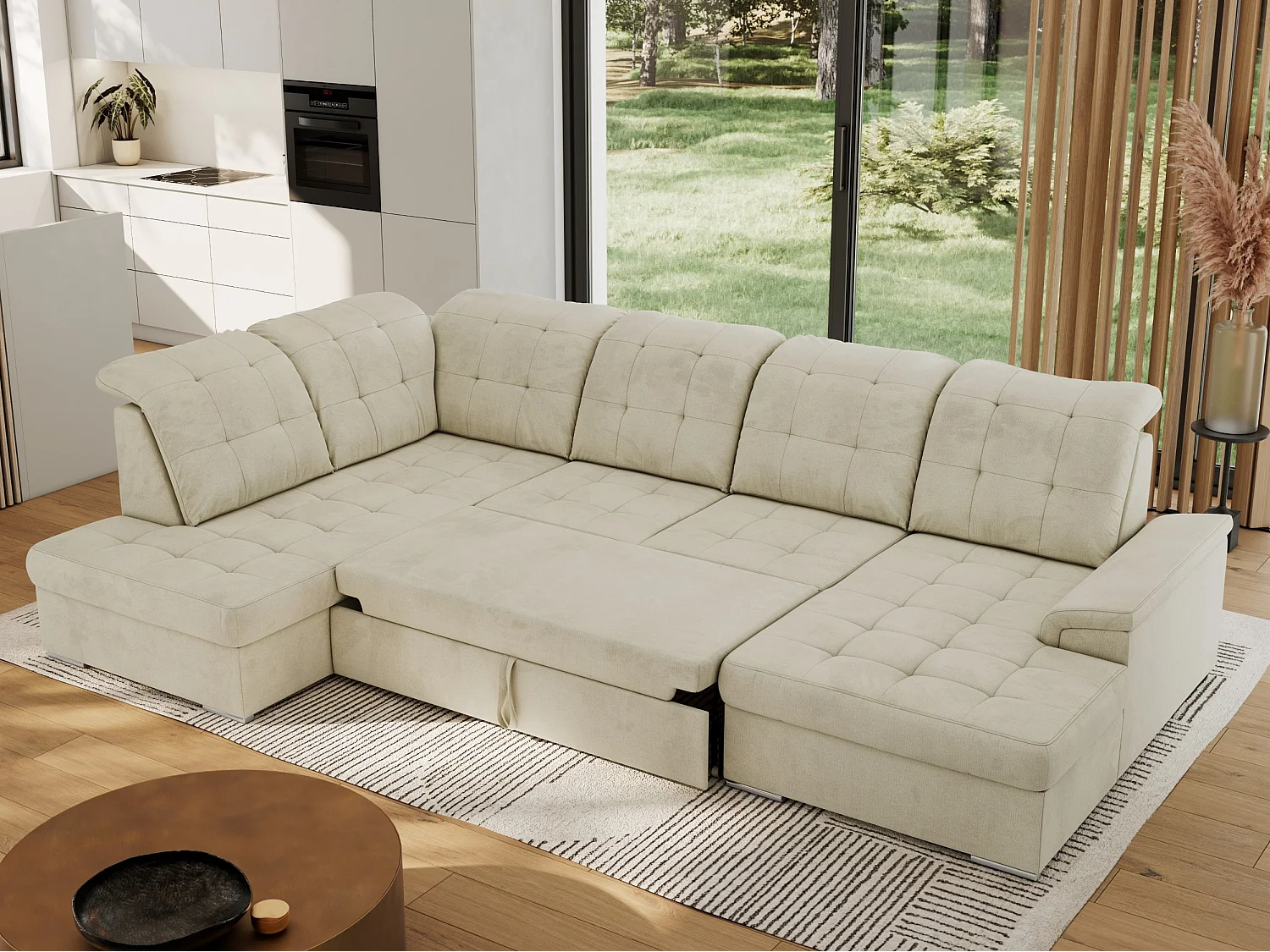 Ecksofa MADRITO U - mit verstellbarer Rückenlehne, Armlehne, L-förmige Ecke, Bettkasten - Beige Velvet - Ecke Links