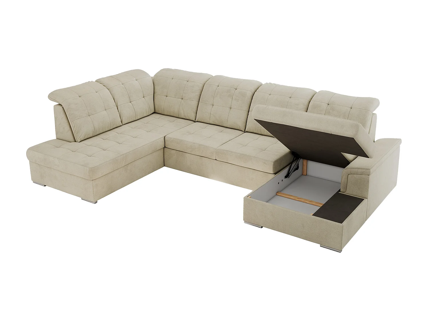 Ecksofa MADRITO U - mit verstellbarer Rückenlehne, Armlehne, L-förmige Ecke, Bettkasten - Beige Velvet - Ecke Links