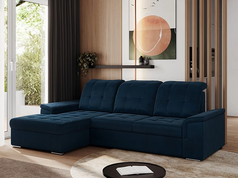 Ecksofa MADRITO - mit verstellbarer Rückenlehne, Armlehnen, gestepptem Sitz und Rückenlehne, Schlaffunktion - Dunkelblau Velvet - Ecke Links