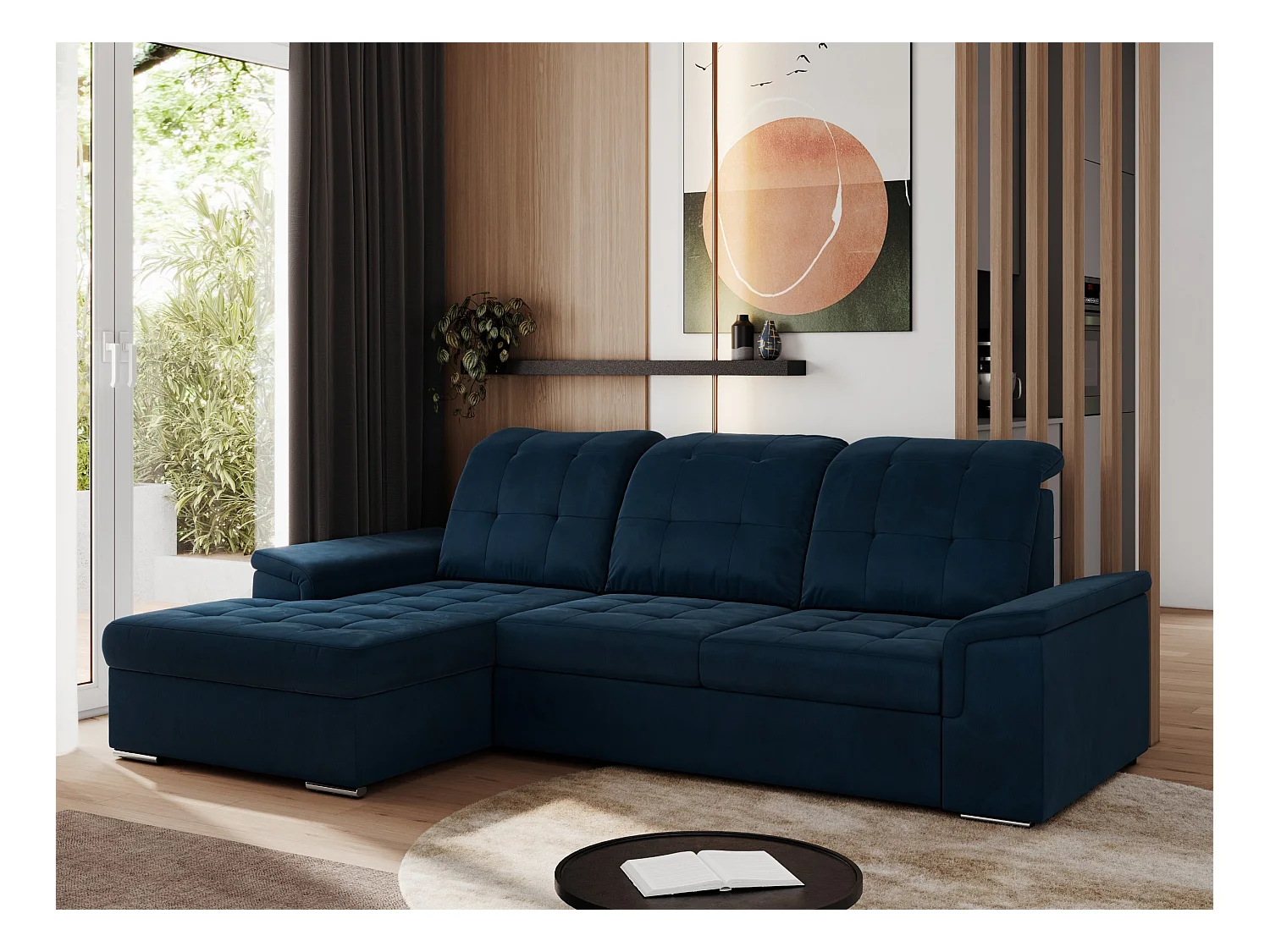 Ecksofa MADRITO - mit verstellbarer Rückenlehne, Armlehnen, gestepptem Sitz und Rückenlehne, Schlaffunktion - Dunkelblau Velvet - Ecke Links