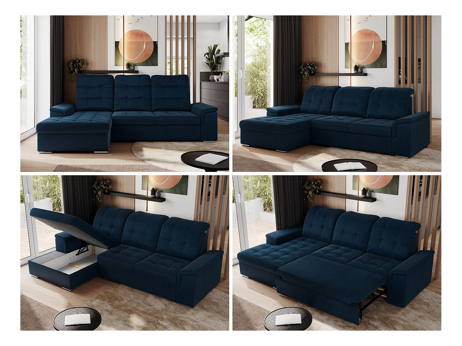 Ecksofa MADRITO - mit verstellbarer Rückenlehne, Armlehnen, gestepptem Sitz und Rückenlehne, Schlaffunktion - Dunkelblau Velvet - Ecke Links