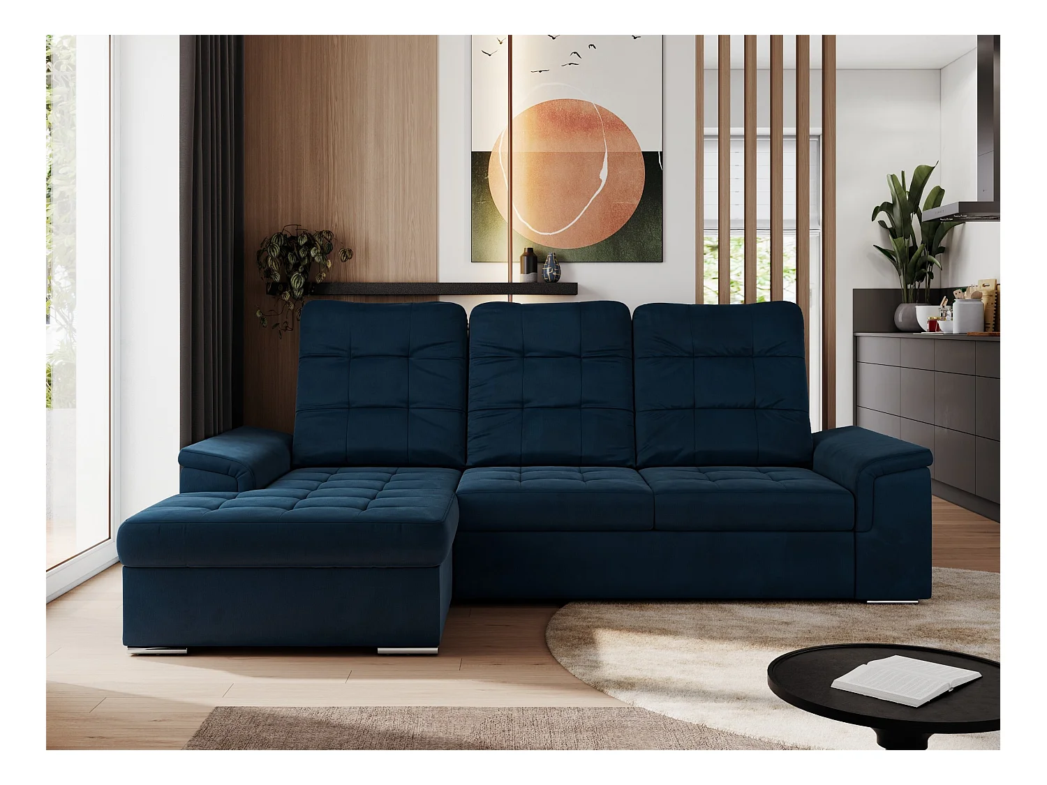 Ecksofa MADRITO - mit verstellbarer Rückenlehne, Armlehnen, gestepptem Sitz und Rückenlehne, Schlaffunktion - Dunkelblau Velvet - Ecke Links