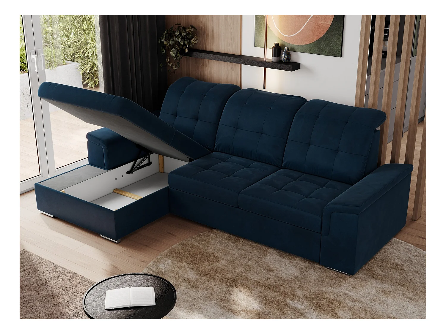 Ecksofa MADRITO - mit verstellbarer Rückenlehne, Armlehnen, gestepptem Sitz und Rückenlehne, Schlaffunktion - Dunkelblau Velvet - Ecke Links