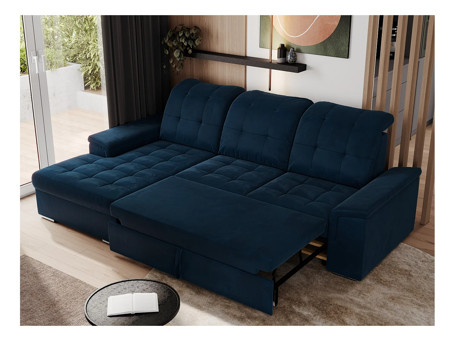 Ecksofa MADRITO - mit verstellbarer Rückenlehne, Armlehnen, gestepptem Sitz und Rückenlehne, Schlaffunktion - Dunkelblau Velvet - Ecke Links