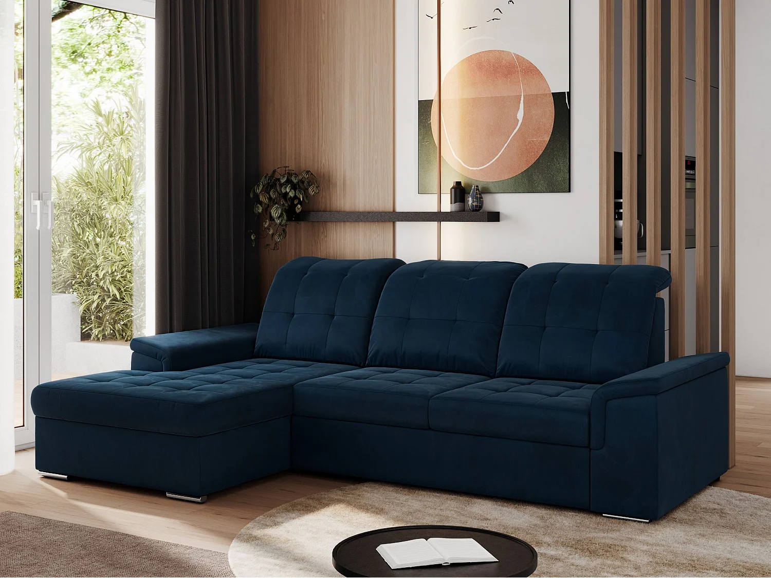 Ecksofa MADRITO - mit verstellbarer Rückenlehne, Armlehnen, gestepptem Sitz und Rückenlehne, Schlaffunktion - Dunkelblau Velvet - Ecke Links