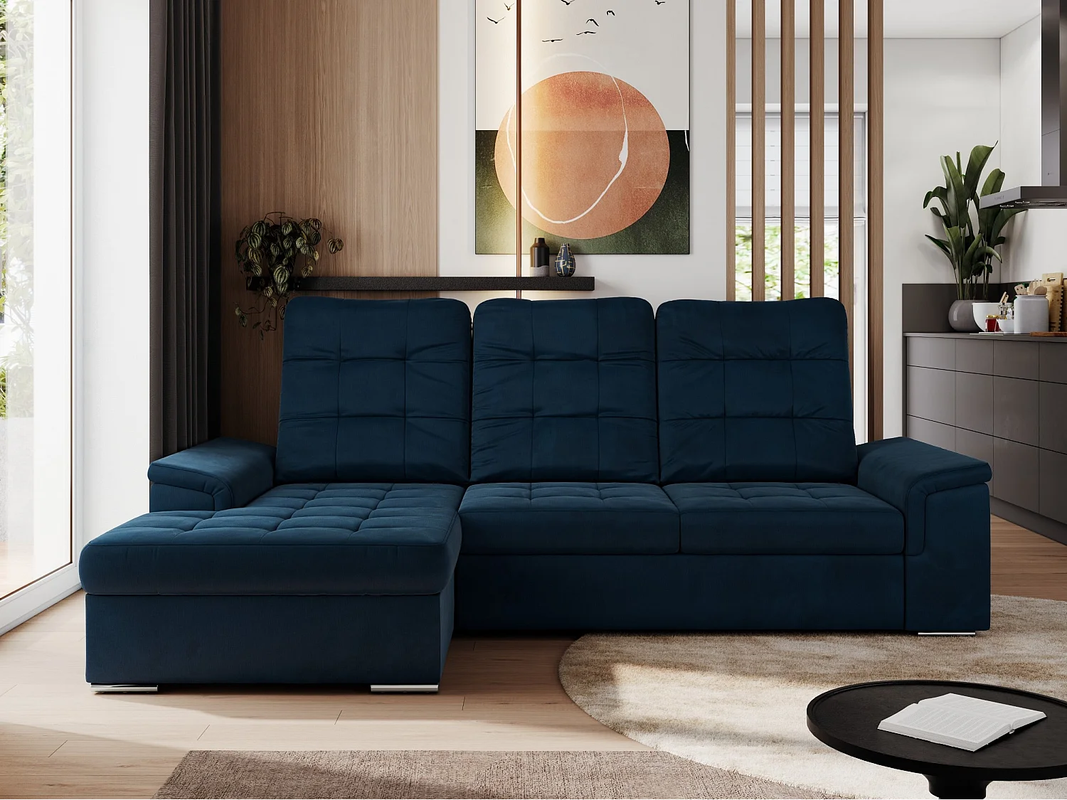 Ecksofa MADRITO - mit verstellbarer Rückenlehne, Armlehnen, gestepptem Sitz und Rückenlehne, Schlaffunktion - Dunkelblau Velvet - Ecke Links