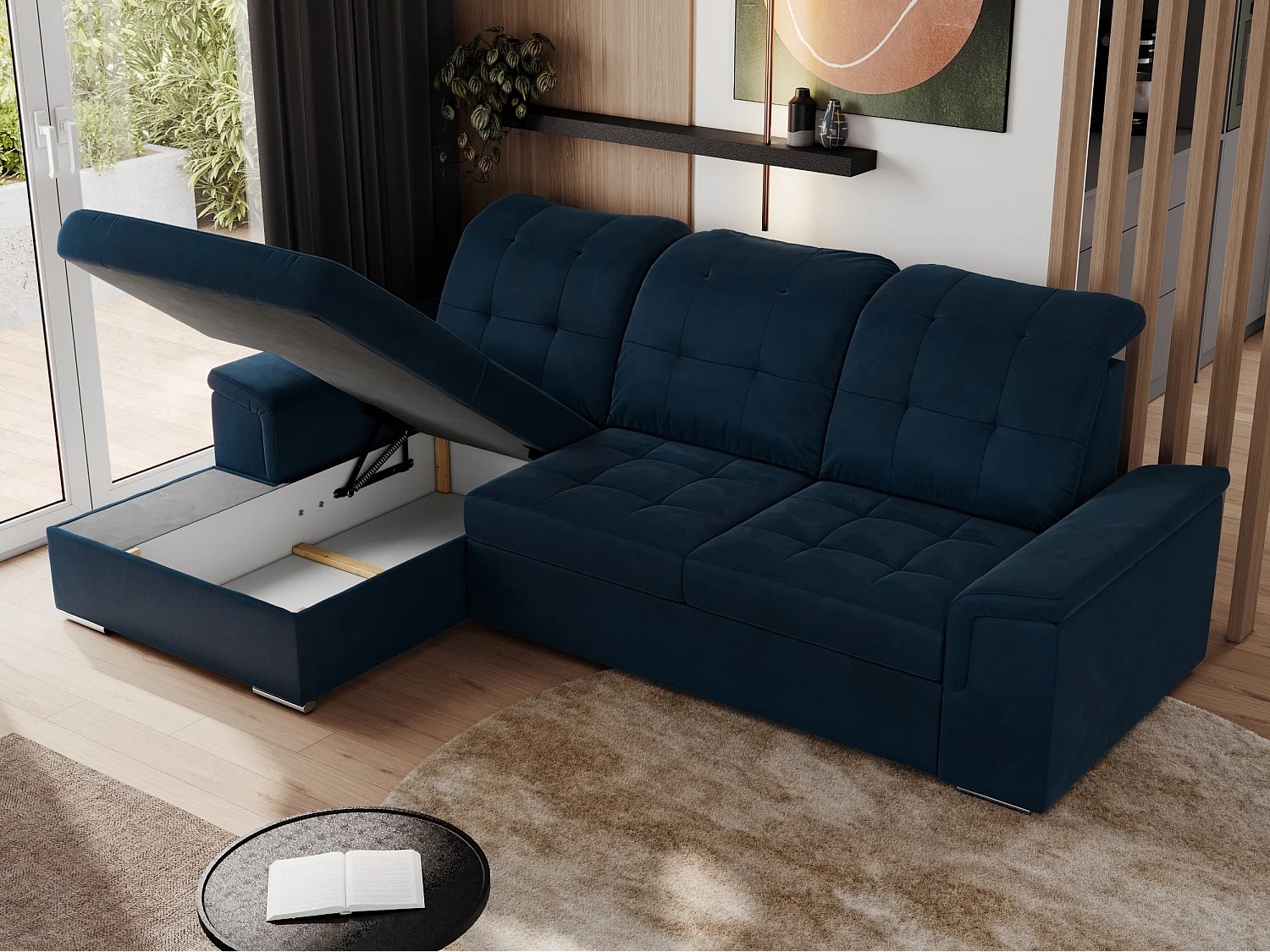 Ecksofa MADRITO - mit verstellbarer Rückenlehne, Armlehnen, gestepptem Sitz und Rückenlehne, Schlaffunktion - Dunkelblau Velvet - Ecke Links