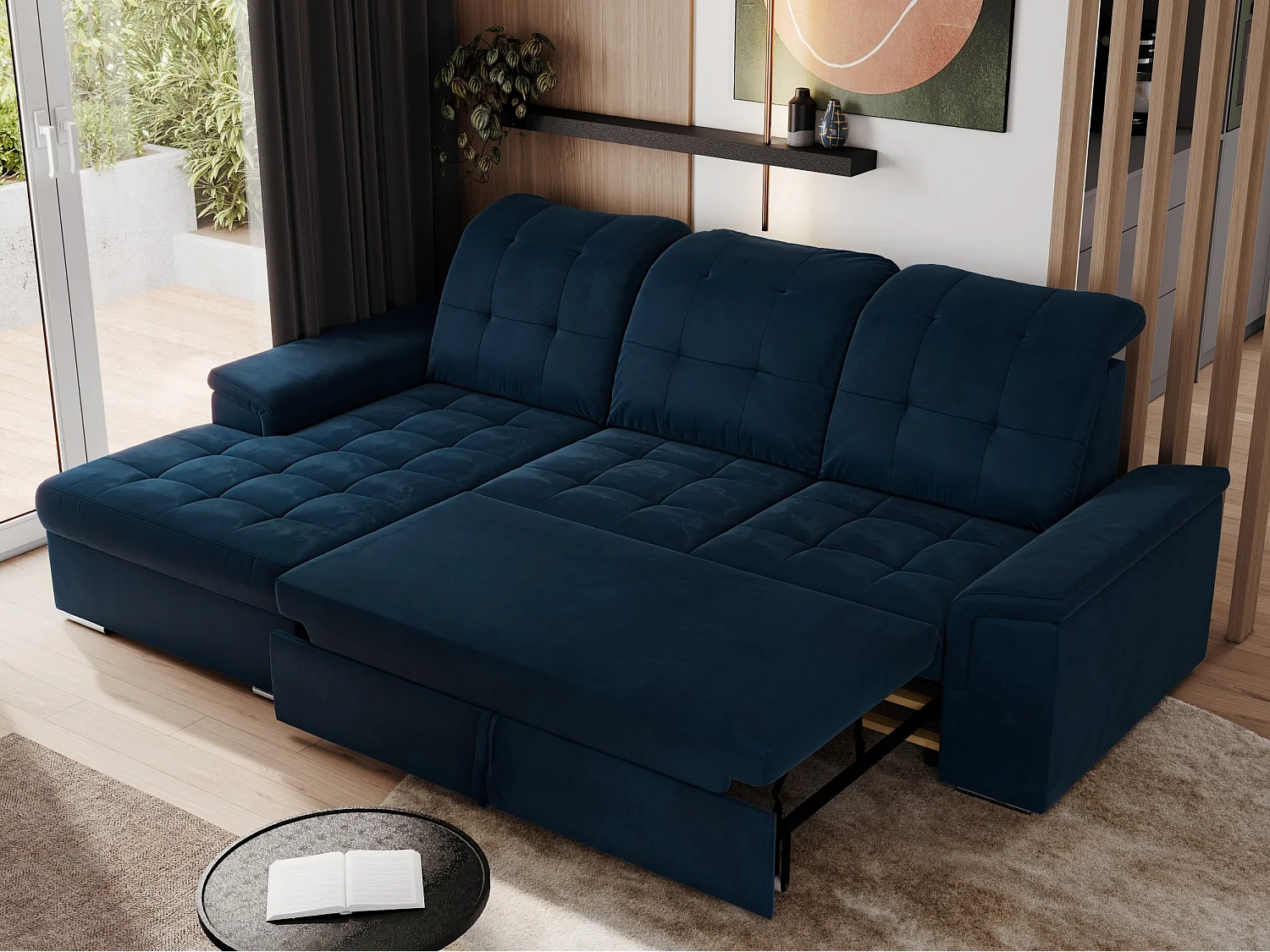 Ecksofa MADRITO - mit verstellbarer Rückenlehne, Armlehnen, gestepptem Sitz und Rückenlehne, Schlaffunktion - Dunkelblau Velvet - Ecke Links