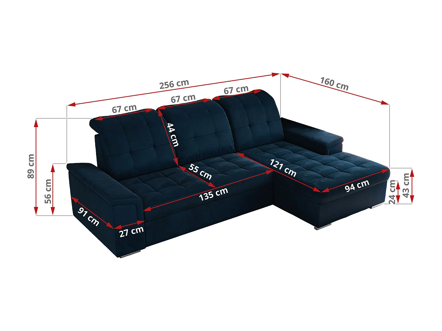 Ecksofa MADRITO - mit verstellbarer Rückenlehne, Armlehnen, gestepptem Sitz und Rückenlehne, Schlaffunktion - Dunkelblau Velvet - Ecke Links
