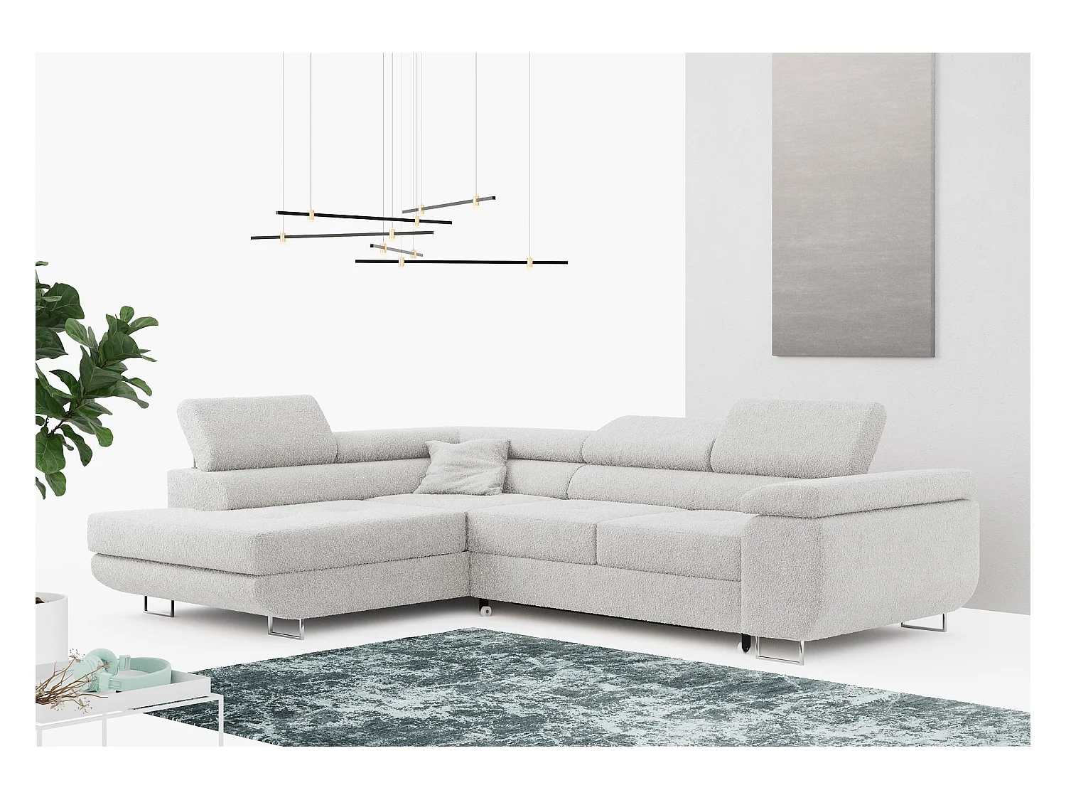 Ecksofa GUSTAW - mit Schlaffunktion, verstellbare Kopfstützen, Metallbeine - Hellgrau Boucle - Ecke Links