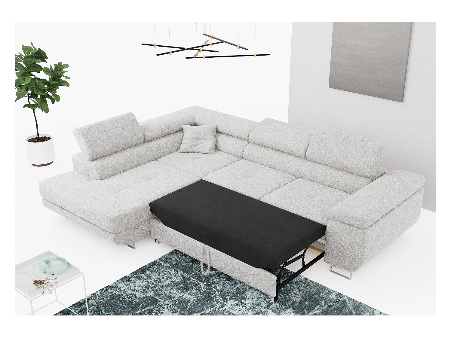 Ecksofa GUSTAW - mit Schlaffunktion, verstellbare Kopfstützen, Metallbeine - Hellgrau Boucle - Ecke Links