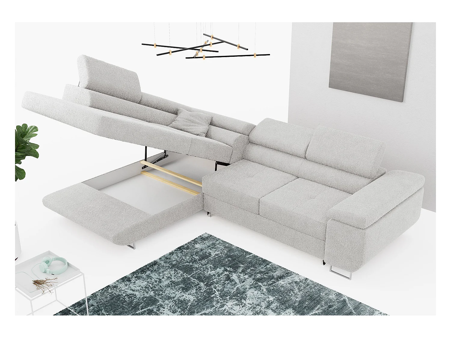 Ecksofa GUSTAW - mit Schlaffunktion, verstellbare Kopfstützen, Metallbeine - Hellgrau Boucle - Ecke Links