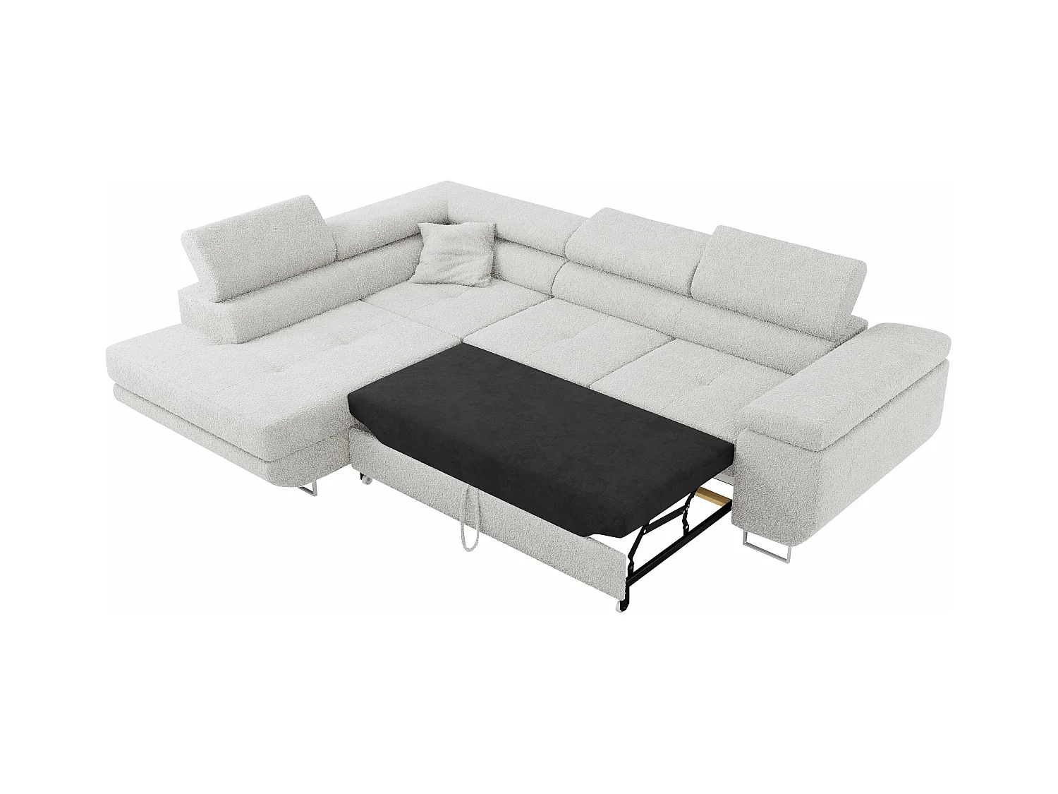 Ecksofa GUSTAW - mit Schlaffunktion, verstellbare Kopfstützen, Metallbeine - Hellgrau Boucle - Ecke Links