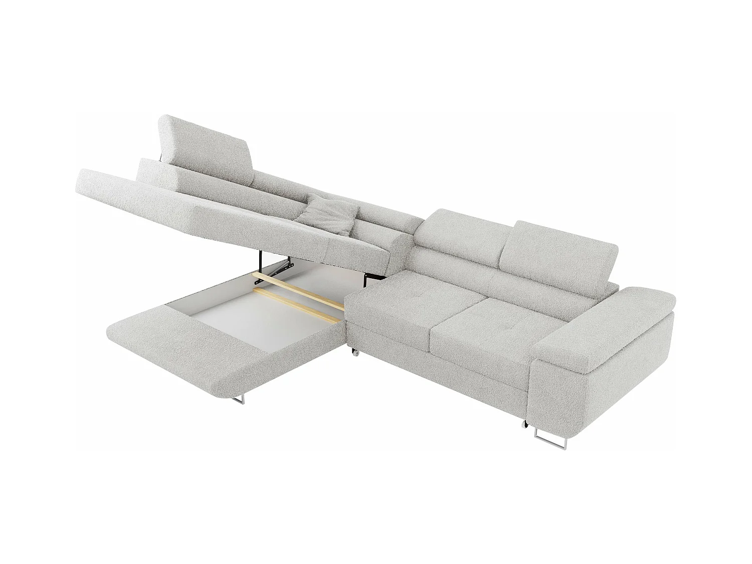 Ecksofa GUSTAW - mit Schlaffunktion, verstellbare Kopfstützen, Metallbeine - Hellgrau Boucle - Ecke Links