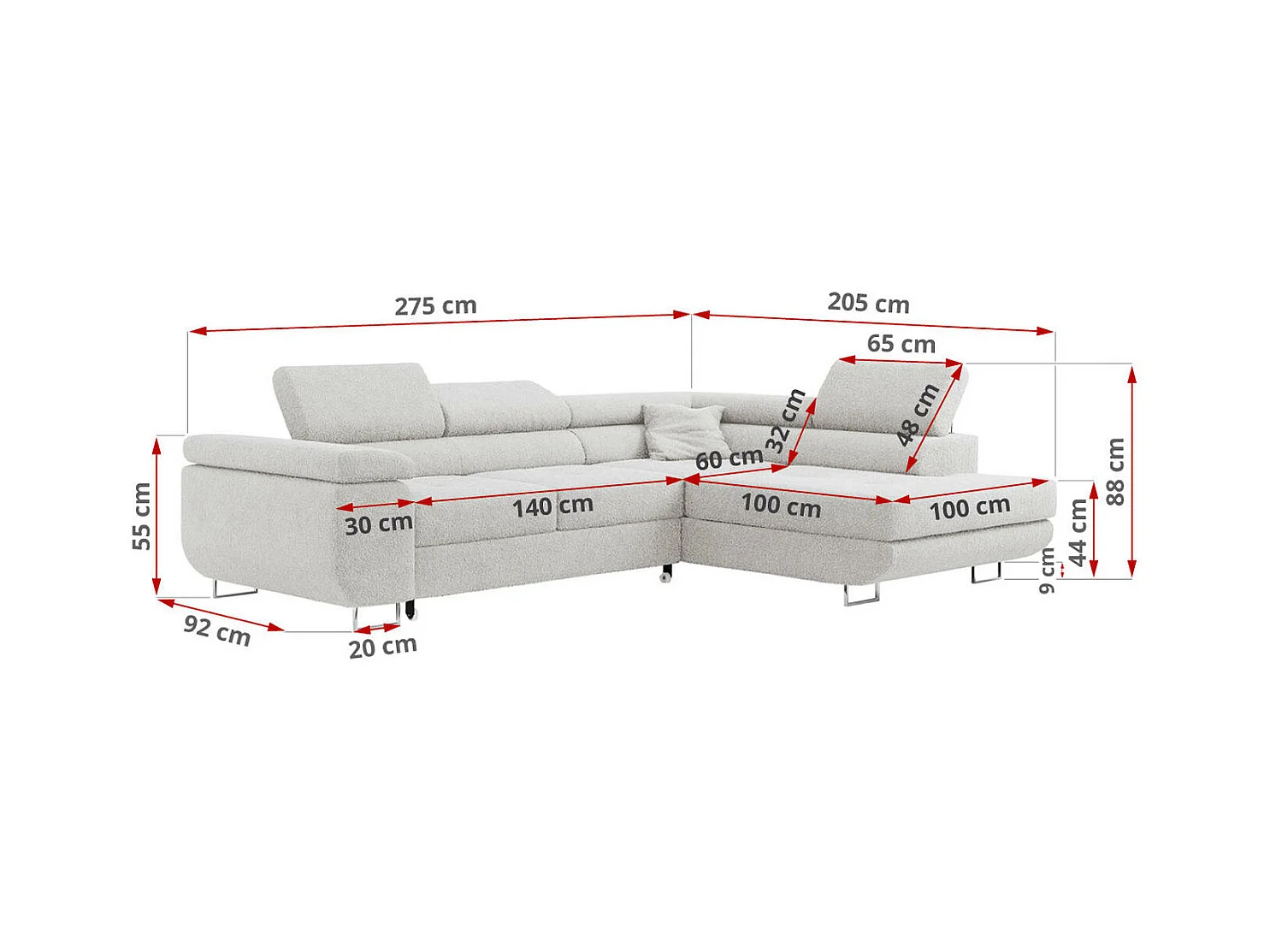 Ecksofa GUSTAW - mit Schlaffunktion, verstellbare Kopfstützen, Metallbeine - Hellgrau Boucle - Ecke Links