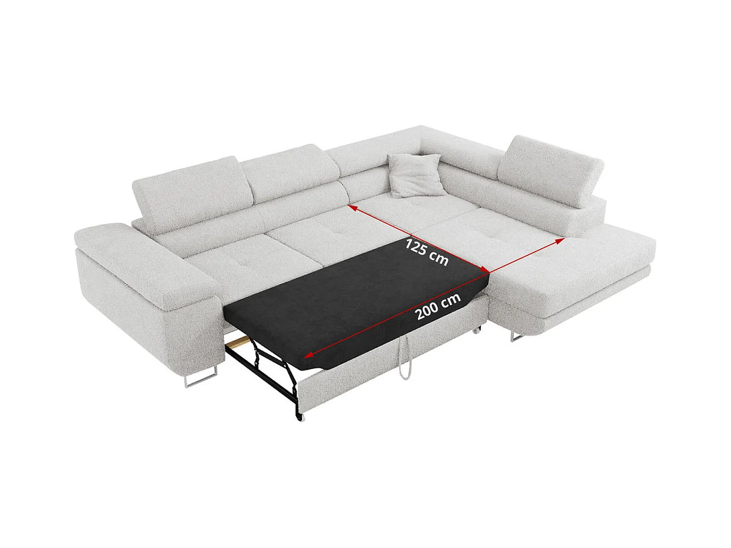 Ecksofa GUSTAW - mit Schlaffunktion, verstellbare Kopfstützen, Metallbeine - Hellgrau Boucle - Ecke Links