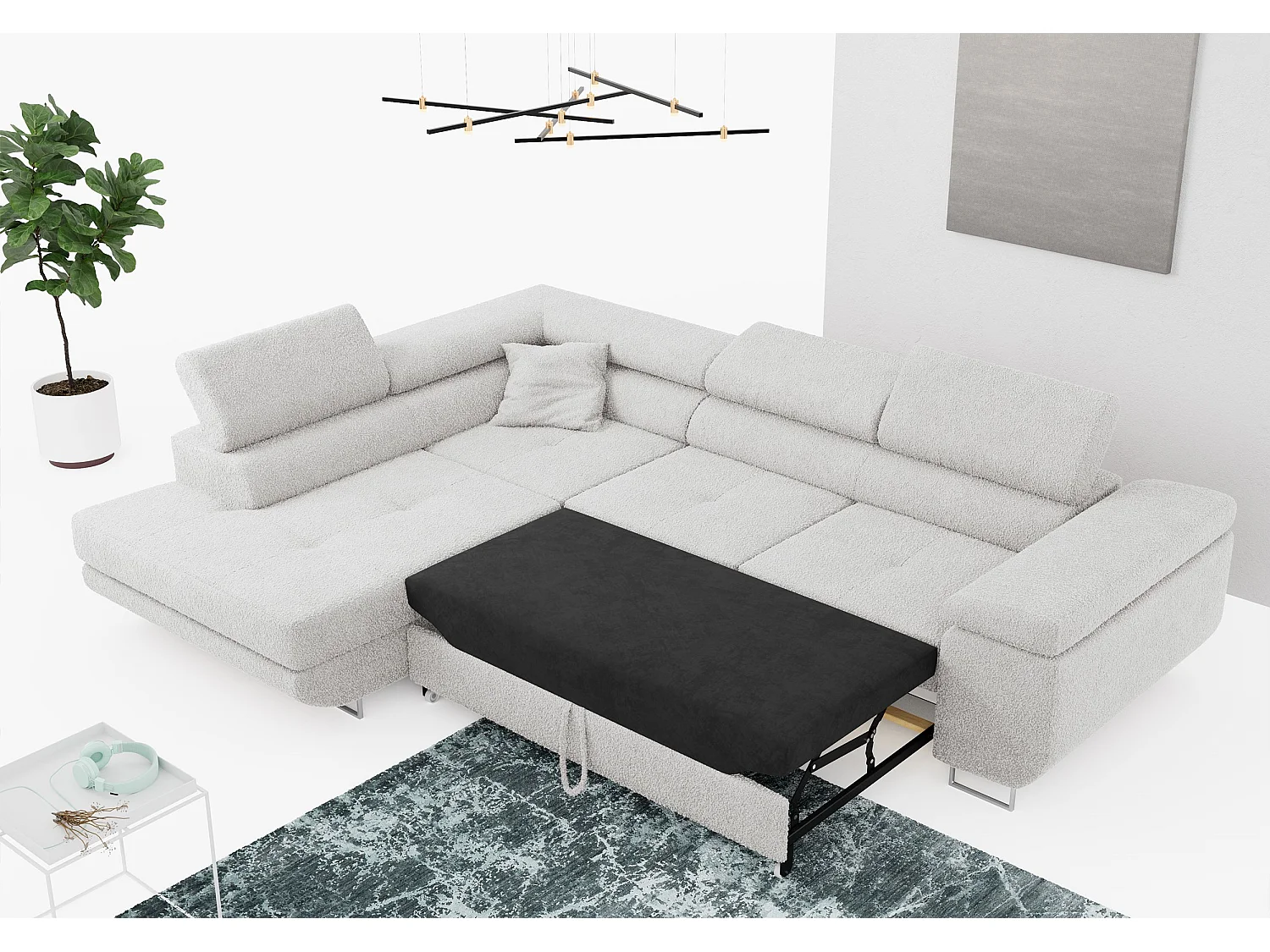 Ecksofa GUSTAW - mit Schlaffunktion, verstellbare Kopfstützen, Metallbeine - Hellgrau Boucle - Ecke Links
