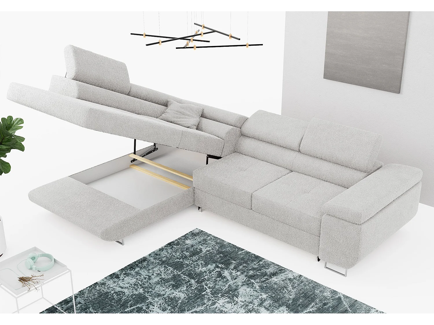 Ecksofa GUSTAW - mit Schlaffunktion, verstellbare Kopfstützen, Metallbeine - Hellgrau Boucle - Ecke Links