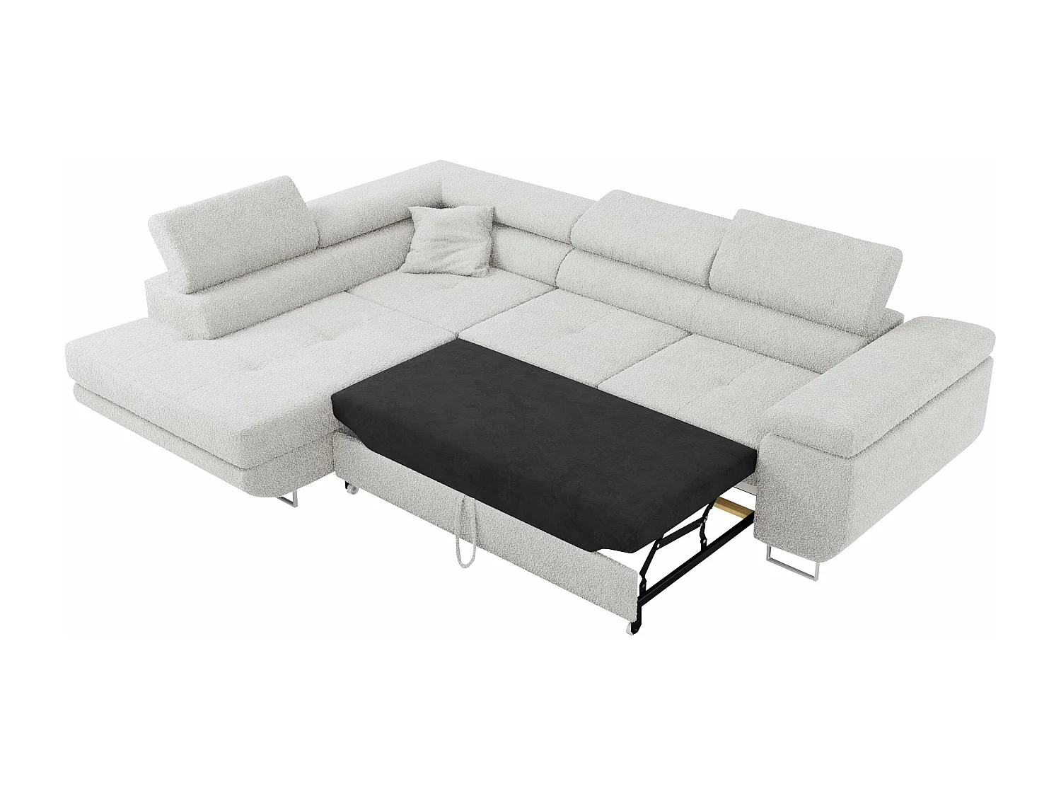 Ecksofa GUSTAW - mit Schlaffunktion, verstellbare Kopfstützen, Metallbeine - Hellgrau Boucle - Ecke Links