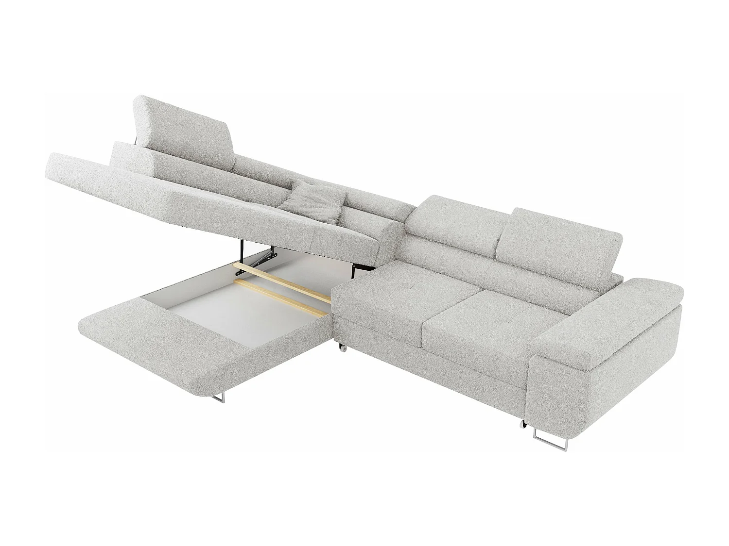 Ecksofa GUSTAW - mit Schlaffunktion, verstellbare Kopfstützen, Metallbeine - Hellgrau Boucle - Ecke Links